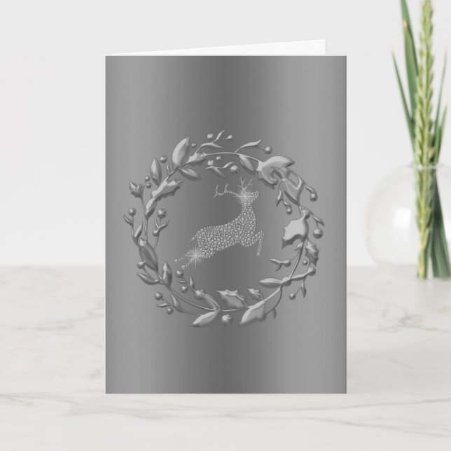 Pewter Christmas Wreath and Reindeer Holiday Card (Front)