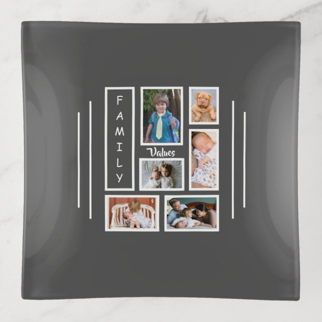 Pewter Gray Family Photo Collage Personalized Trinket Tray (Front)