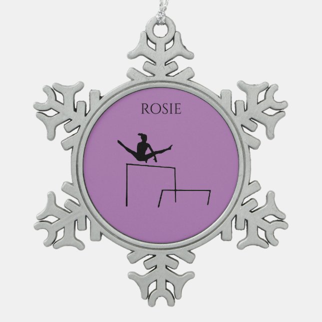 PEWTER GYMNASTICS SNOWFLAKE ORNAMENT. SNOWFLAKE PEWTER CHRISTMAS ORNAMENT (Front)
