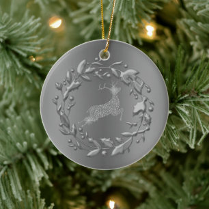 Pewter Reindeer and Wreath Christmas Ceramic Ornament