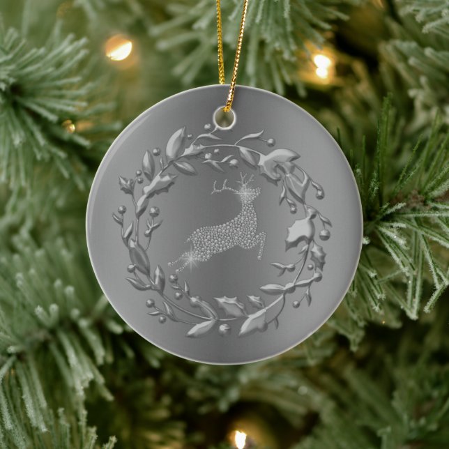 Pewter Reindeer and Wreath Christmas Ceramic Ornament (Tree)