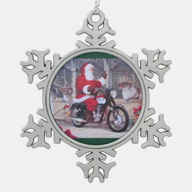 Pewter Santa on a Motorcycle Christmas Ornament (Front)
