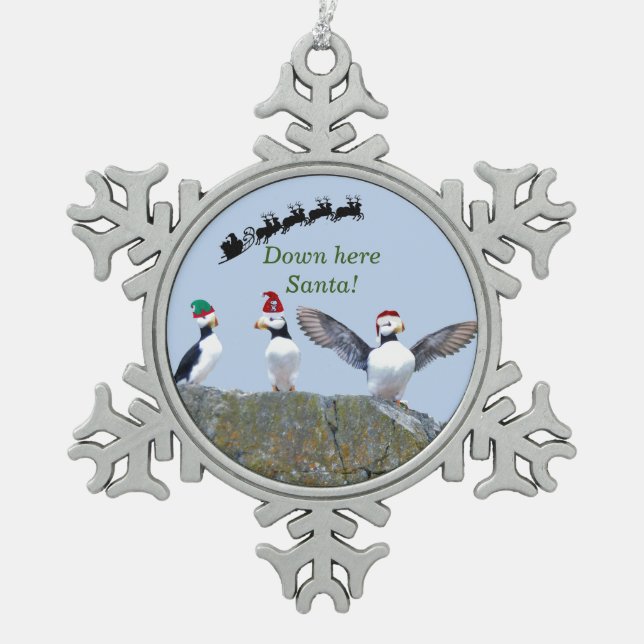 Pewter Snowflake Ornament of puffins (Front)