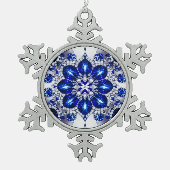 Pewter Snowflake Ornament with Blue White Colors (Front)