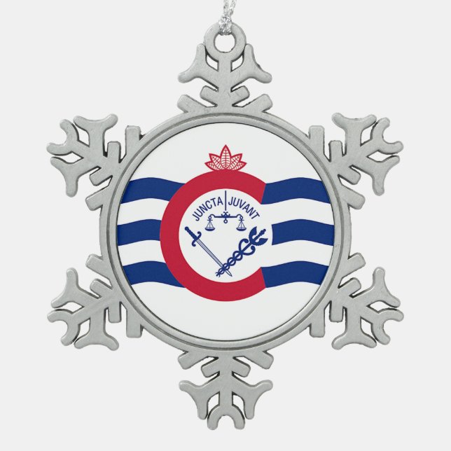 Pewter Snowflake Ornament with Cincinnati Flag (Front)