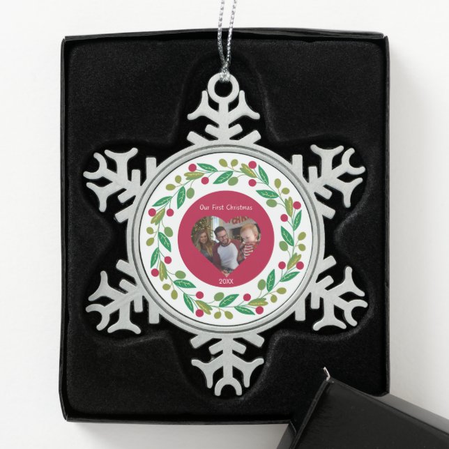 Pewter Snowflake - Our First Christmas -Photo/Date Snowflake Pewter Christmas Ornament (Box)