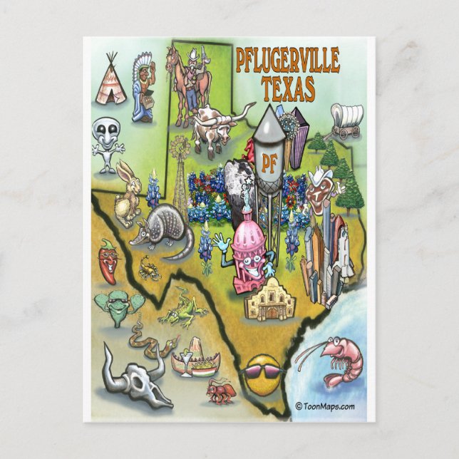 Pflugerville Texas Cartoon Map Postcard (Front)