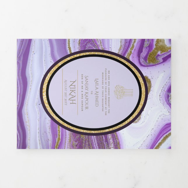 Pg NIKAH WALIMA Purple Gold Marble Agate Glitter Tri-Fold Invitation (Cover)