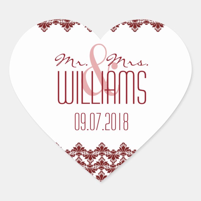 PH&D Wedding Heart Sticker Burgundy 2 Damask (Front)