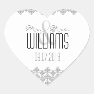 PH&D Wedding Heart Sticker Gray 2 White Damask