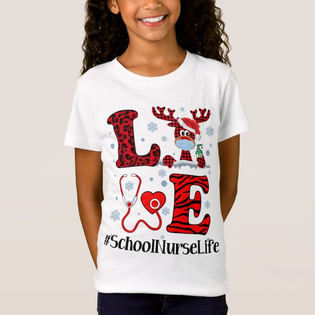 Ph Love Reindeer School Nurse Christmas Red Plaid  T-Shirt (Front)