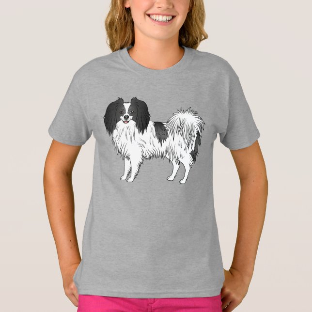 Phalène Dog In Black And White Coat Color Drawing T-Shirt (Front)
