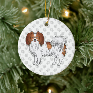 Phalène Dog In Red And White With Gray Paws Ceramic Ornament
