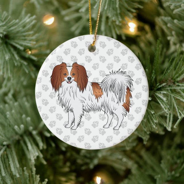 Phalène Dog In Red And White With Gray Paws Ceramic Ornament (Tree)