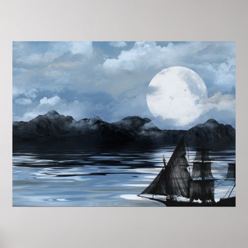 Phantom Pirate Ship At Night Poster