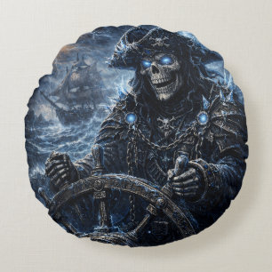 Phantom Skull Captain at the Helm – Blue Storm Got Round Pillow