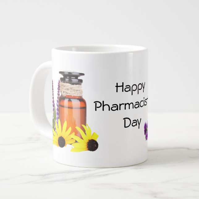 Pharmacist Day Coffee Mug with Bottle and flowers (Front Left)