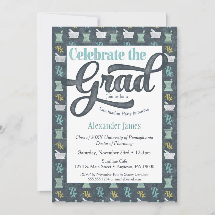 Pharmacist Graduation Party Invitation Gray Aqua Zazzle