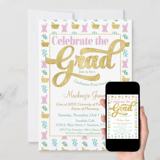 Pharmacist Graduation Party Invitation Pink Gold Zazzle