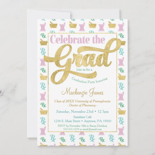 Pharmacist Graduation Party Invitation Pink Gold