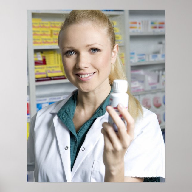 pharmacist holding pill bottle, smiling, poster (Front)