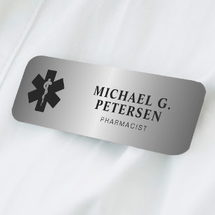 Pharmacist name title pharmacy silver magnetic tag