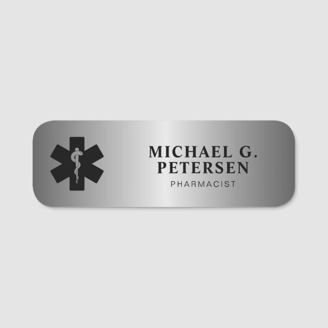 Pharmacist name title pharmacy  silver magnetic tag (Front)