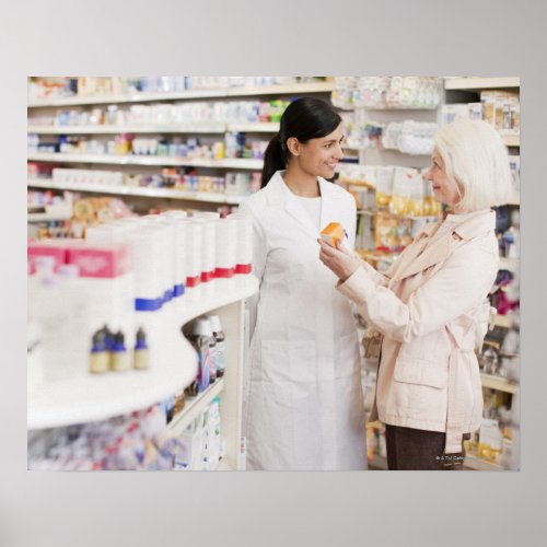 Pharmacist talking to customer in drug store poster