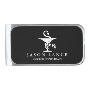 Pharmacology Bowl of Hygenia Symbol Custom Name Silver Finish Money Clip