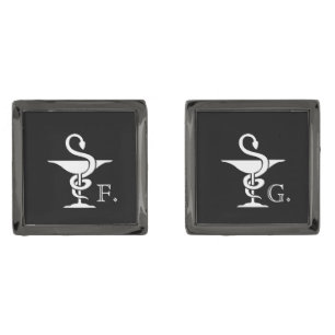 Pharmacology Bowl of Hygenia Symbol Initialed Gunmetal Finish Cufflinks