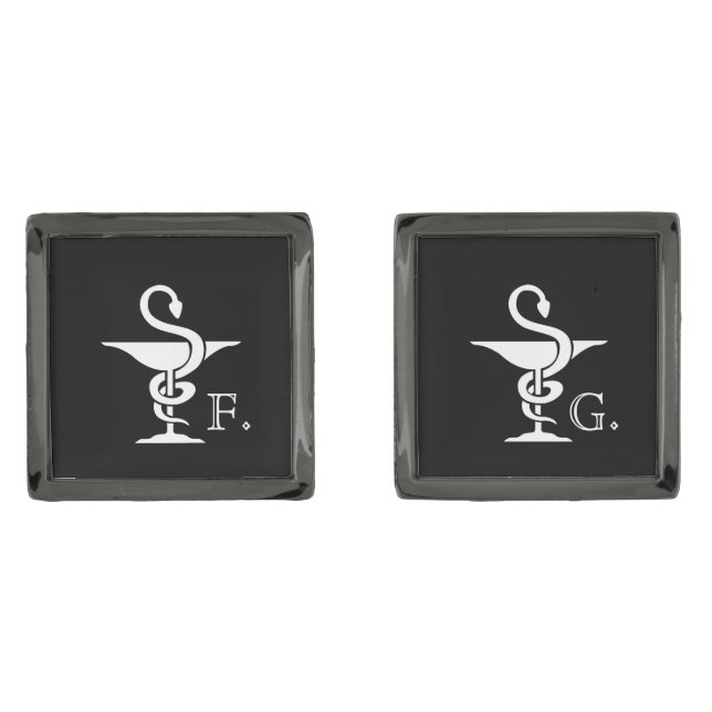 Pharmacology Bowl of Hygenia Symbol Initialed Gunmetal Finish Cufflinks (Front)