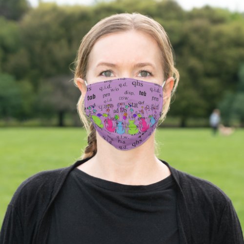 Pharmacy Abbreviations and Whimsical Cats Lavender Adult Cloth Face Mask