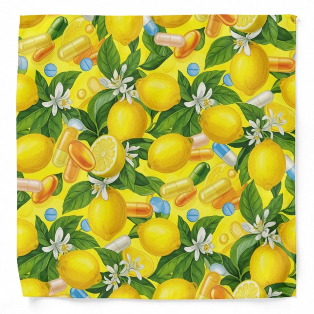 Pharmacy Bandana with Lemon Yellow and Blue Pills (Front)