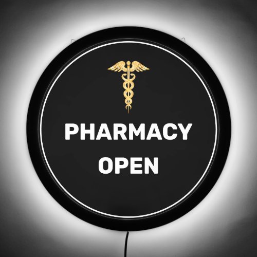 Pharmacy Open  Golden Caduceus on Black LED Sign