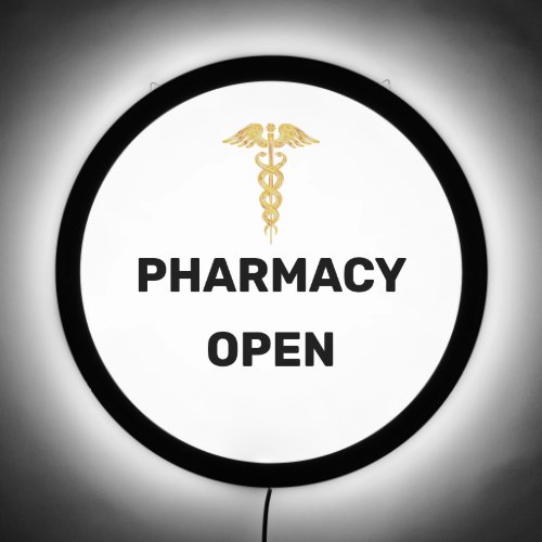Pharmacy Open  Golden Caduceus on White LED Sign