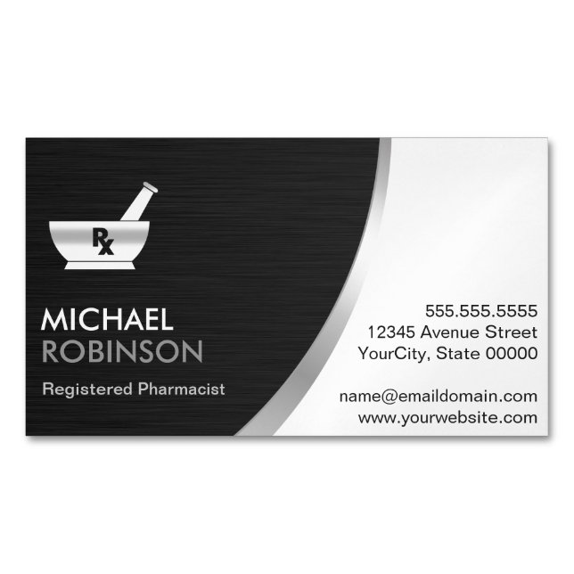 Pharmacy Pharmacist Logo - Modern Black Silver Magnetic Business Card (Front)
