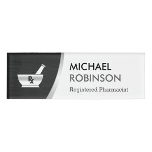 Pharmacy Pharmacist Logo Modern Black Silver Name Tag