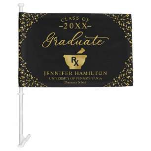 Pharmacy School Black Gold Graduation Car Flag