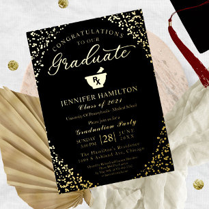 Pharmacy School Grad Party Black Gold Foil Invitation