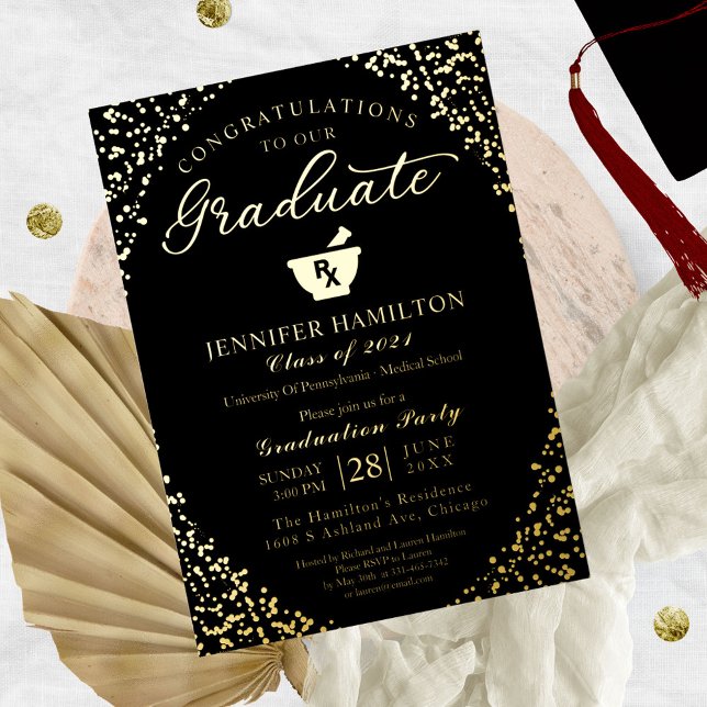Pharmacy School Grad Party Black Gold  Foil Invitation (Creator Uploaded)