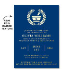 Pharmacy School Navy And Gold Graduation Party  Foil Invitation<br><div class="desc">Announce your pharmacy graduate's momentous achievement in style. This elegant graduation party invitation features a stunning raised metallic foil design on a navy blue background. A classic pestle and mortar with the letters RX takes center stage, framed by a laurel wreath symbolizing victory and achievement. The foil adds a touch...</div>