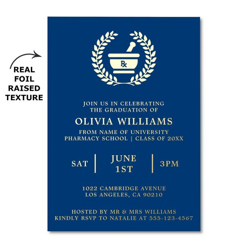 Pharmacy School Navy And Gold Graduation Party  Foil Invitation