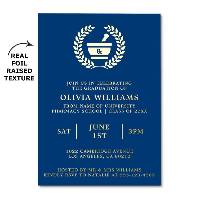 Pharmacy School Navy And Gold Graduation Party  Foil Invitation (Pharmacy school graduation party invitation with real foil raised texture)