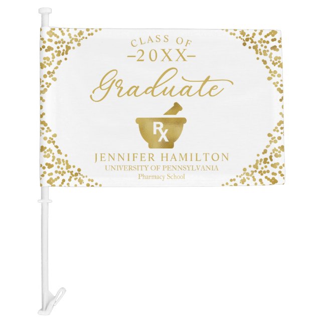 Pharmacy School White Gold Graduation Car Flag (Front)