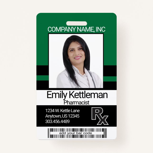 Pharmacy Technician Photo Badge - Green and Black (Front)