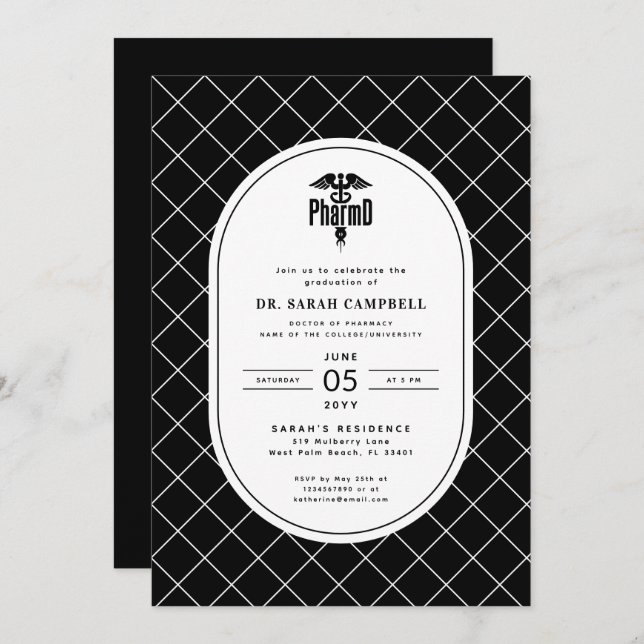 PharmD Doctor of Pharmacy Graduation Check Pattern Invitation (Front/Back)
