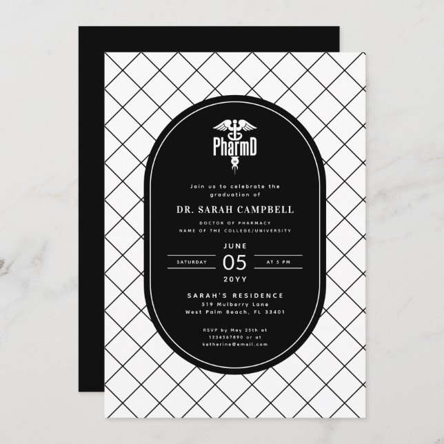 PharmD Doctor of Pharmacy Graduation Check Pattern Invitation (Front/Back)