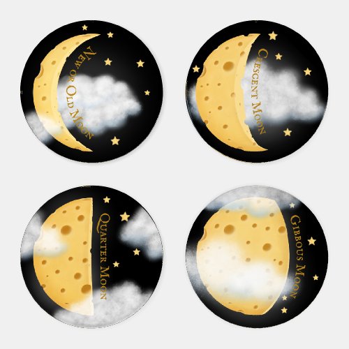 Phases of the Cheese Moon in Pitch Black Sky Coaster Set