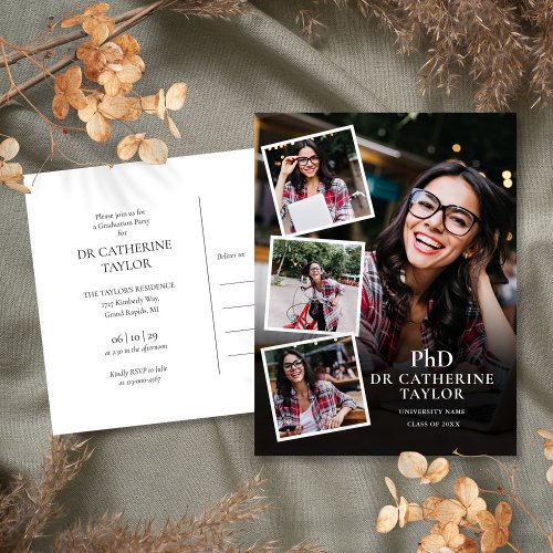 PhD Degree 4 Photo Graduation Party Invitation Postcard