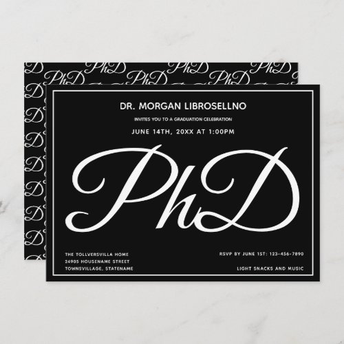 PhD degree Black Graduation Party Invitation